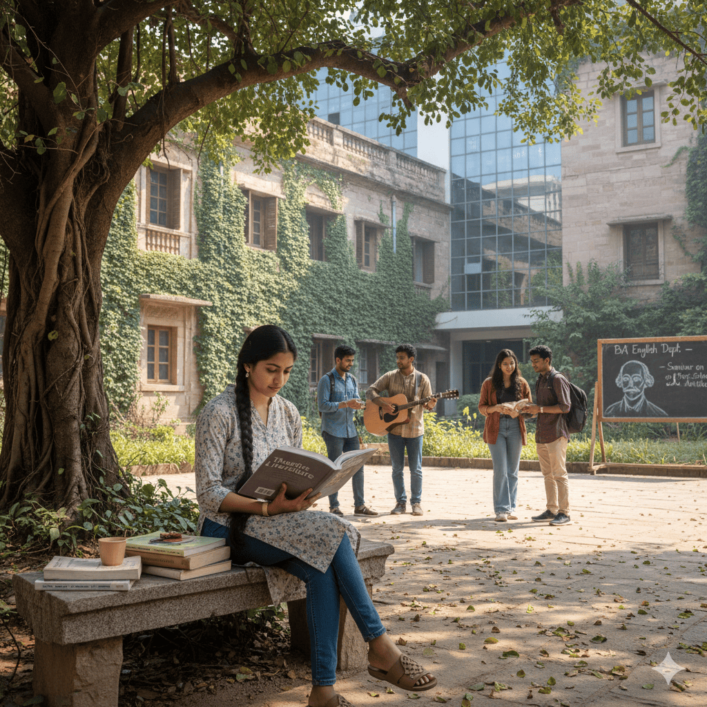 GNDU Online BA students studying humanities and arts on university campus